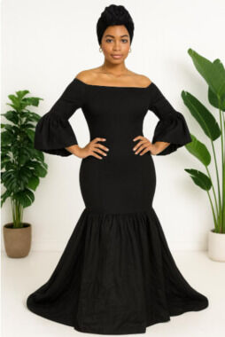 Smocked Off Shoulder Mermaid Dress: Wax Cotton Ruffle Sleeve with Headwrap